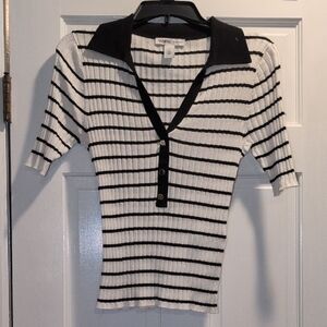White House Black Market Monochrome Striped V-Neck Top